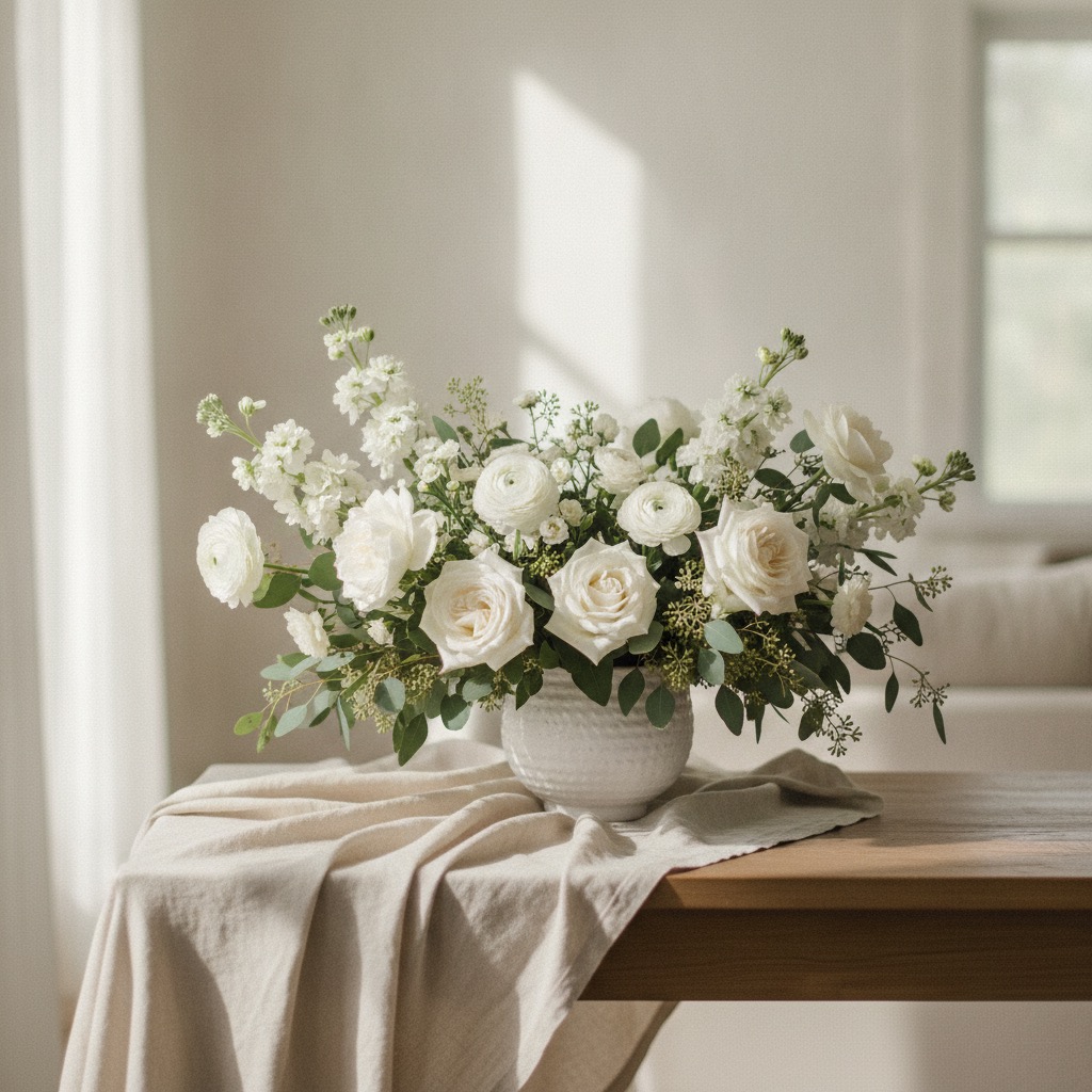 A white arrangement of roses and ranunculus on a linen-draped table
